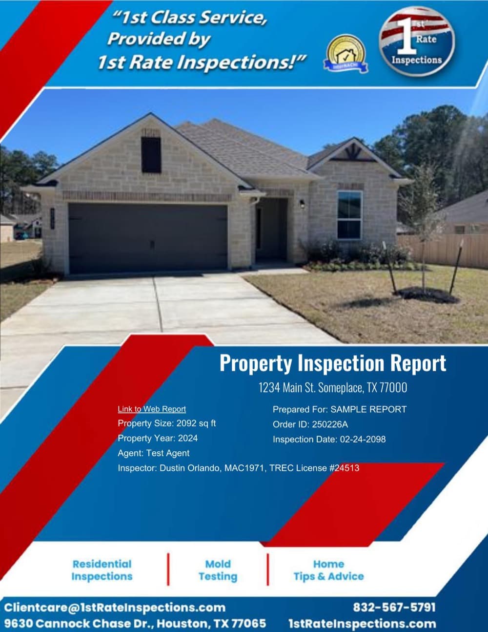 Cover of a 1st Rate Inspections sample home inspection report